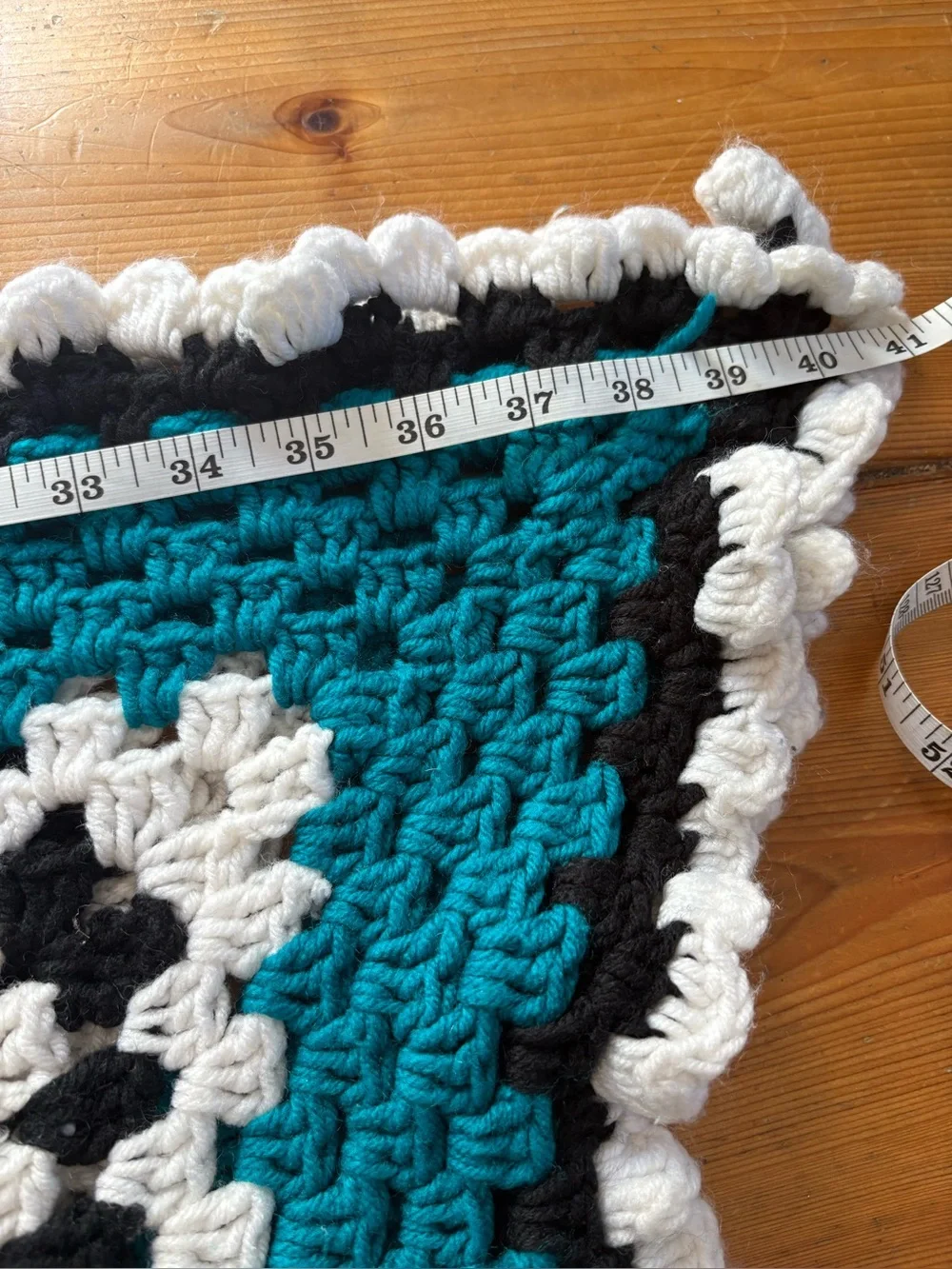 Handmade Teal Crochet Granny Square Blanket with White and Black Accent